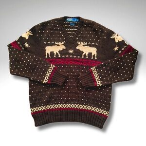 VTG Polo Ralph Lauren Wool Moose Intarsia Nordic Sweater XL Brown Charcoal Knit
